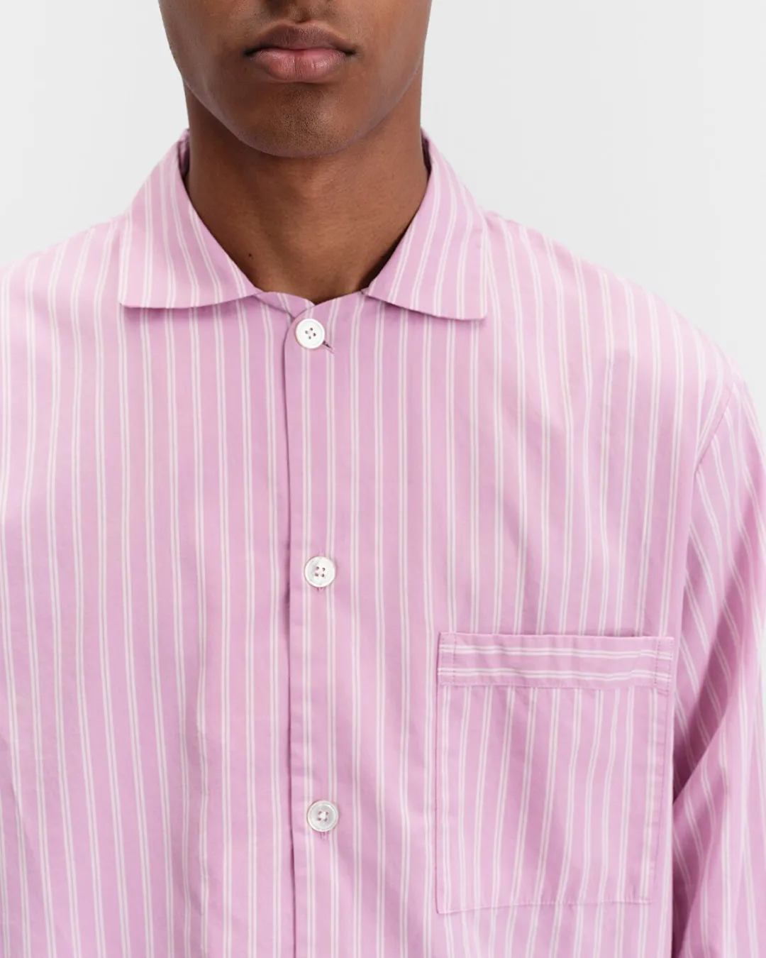 Pembe-Beyaz Poplin Erkek Pijama Üstü - 0
