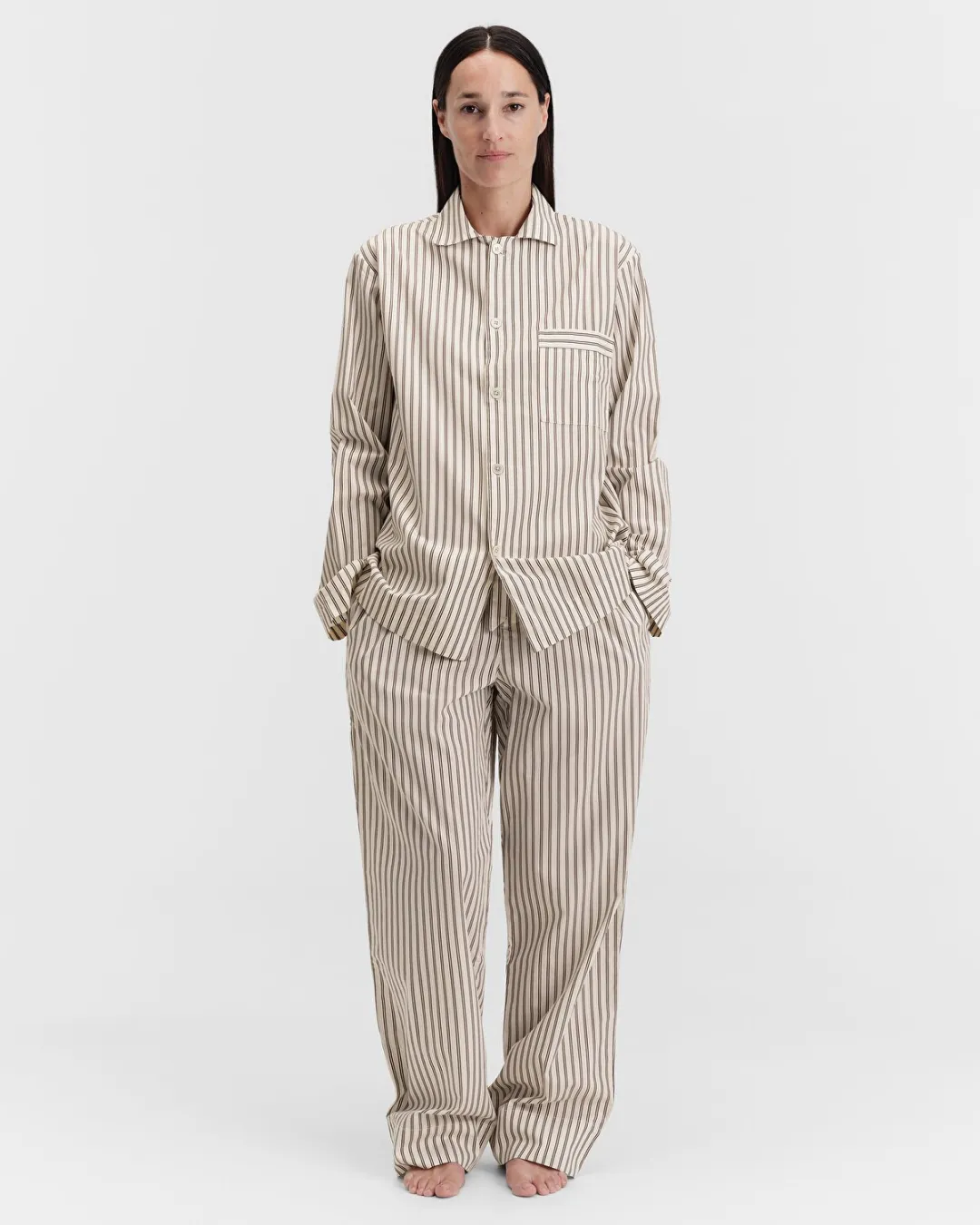 Bej-Beyaz Poplin Kadın Pijama Üstü - 2