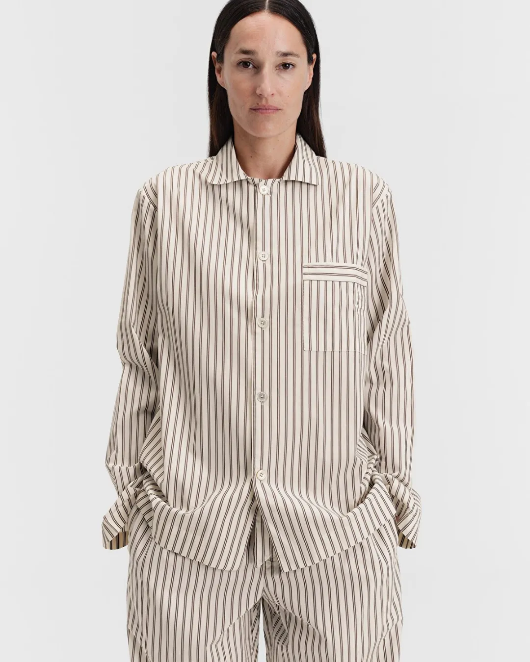 Bej-Beyaz Poplin Kadın Pijama Üstü - 4