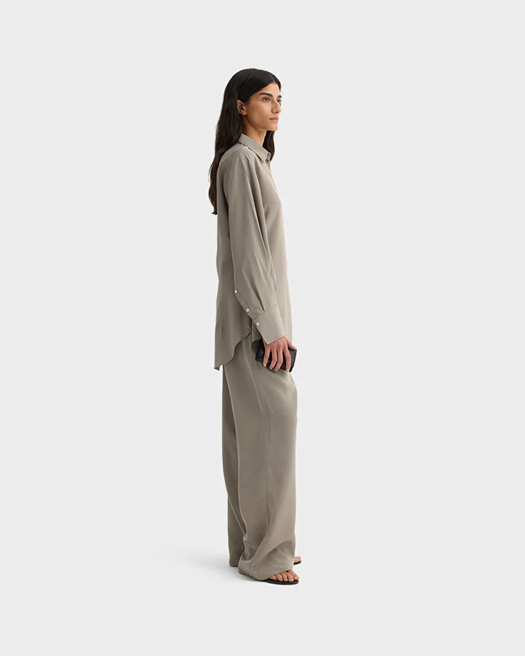 Open Sleeve Çizgili Gri Kadın Gömlek - 3