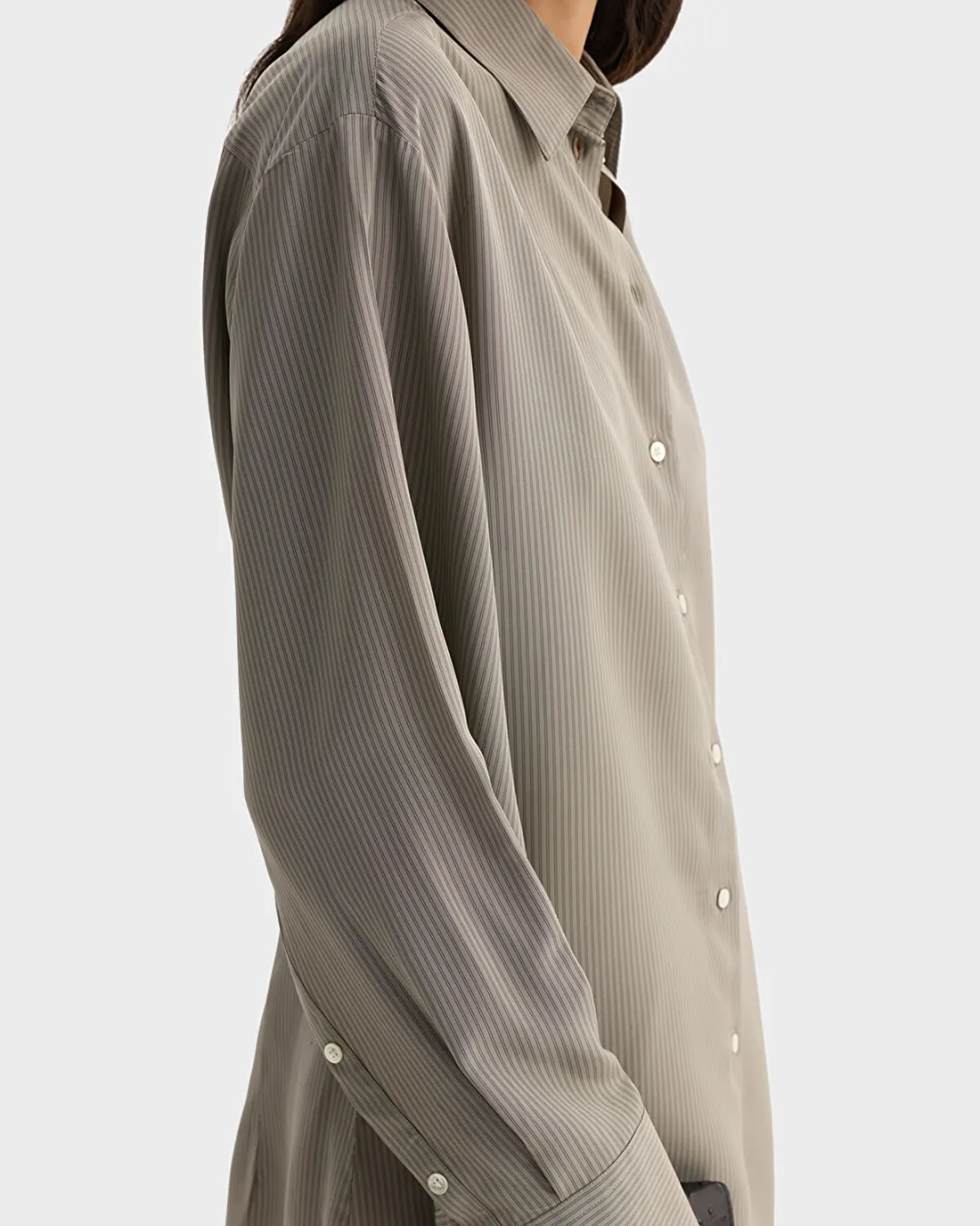 Open Sleeve Çizgili Gri Kadın Gömlek - 0