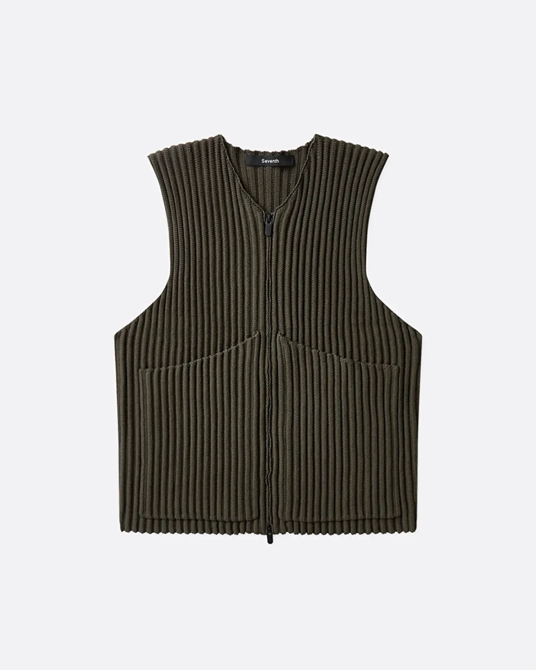 Rib Knit Utility Yeşil Erkek Yelek - 1
