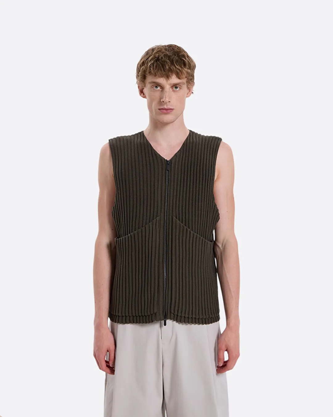 Rib Knit Utility Yeşil Erkek Yelek - 3