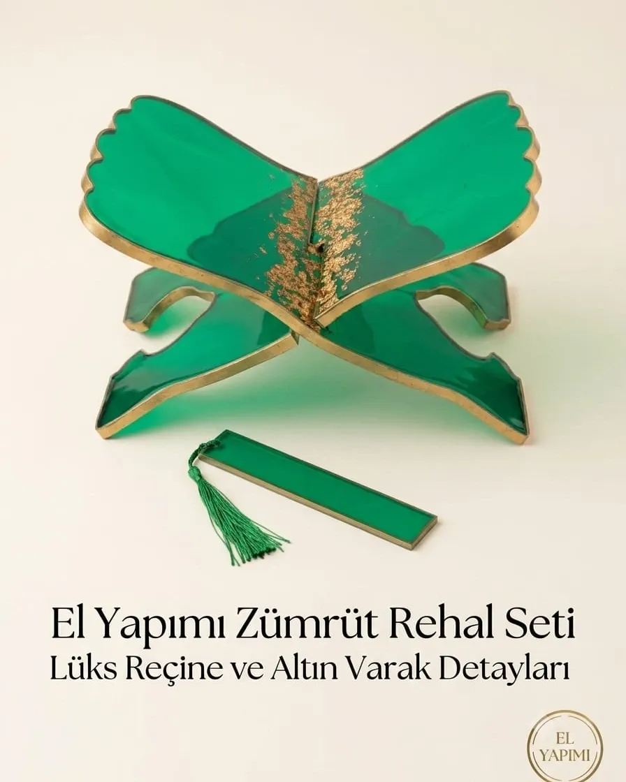 El Yapımı Epoksi Dekoratif ve Günlük Kullanım İçin Gold Varaklı Kuran-ı Kerim Rahlesi ve Kitap Ayracı Seti - 1