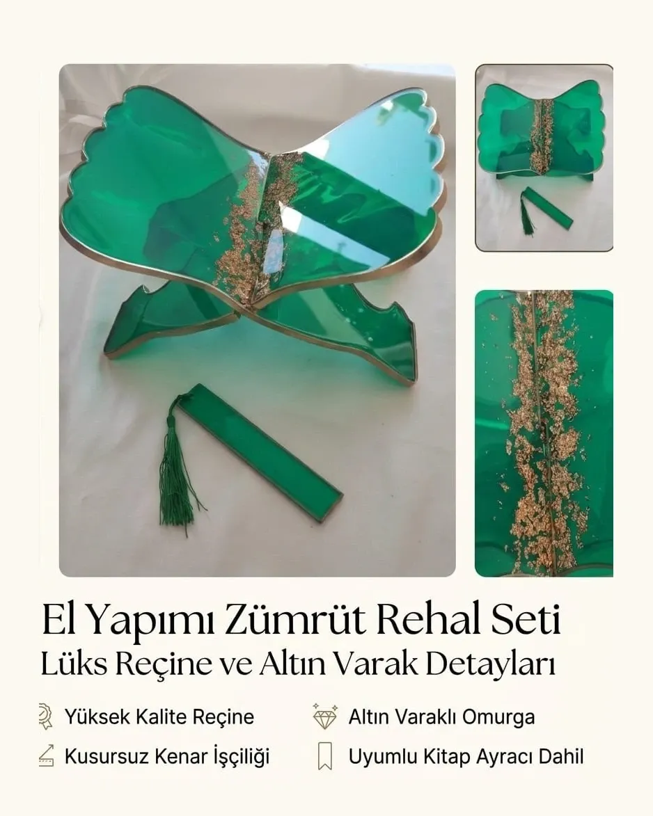 El Yapımı Epoksi Dekoratif ve Günlük Kullanım İçin Gold Varaklı Kuran-ı Kerim Rahlesi ve Kitap Ayracı Seti - 2